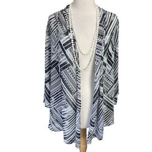 JM Collection Woman Kimono Cardigan 1X Black White Geometric Sheer Open Front